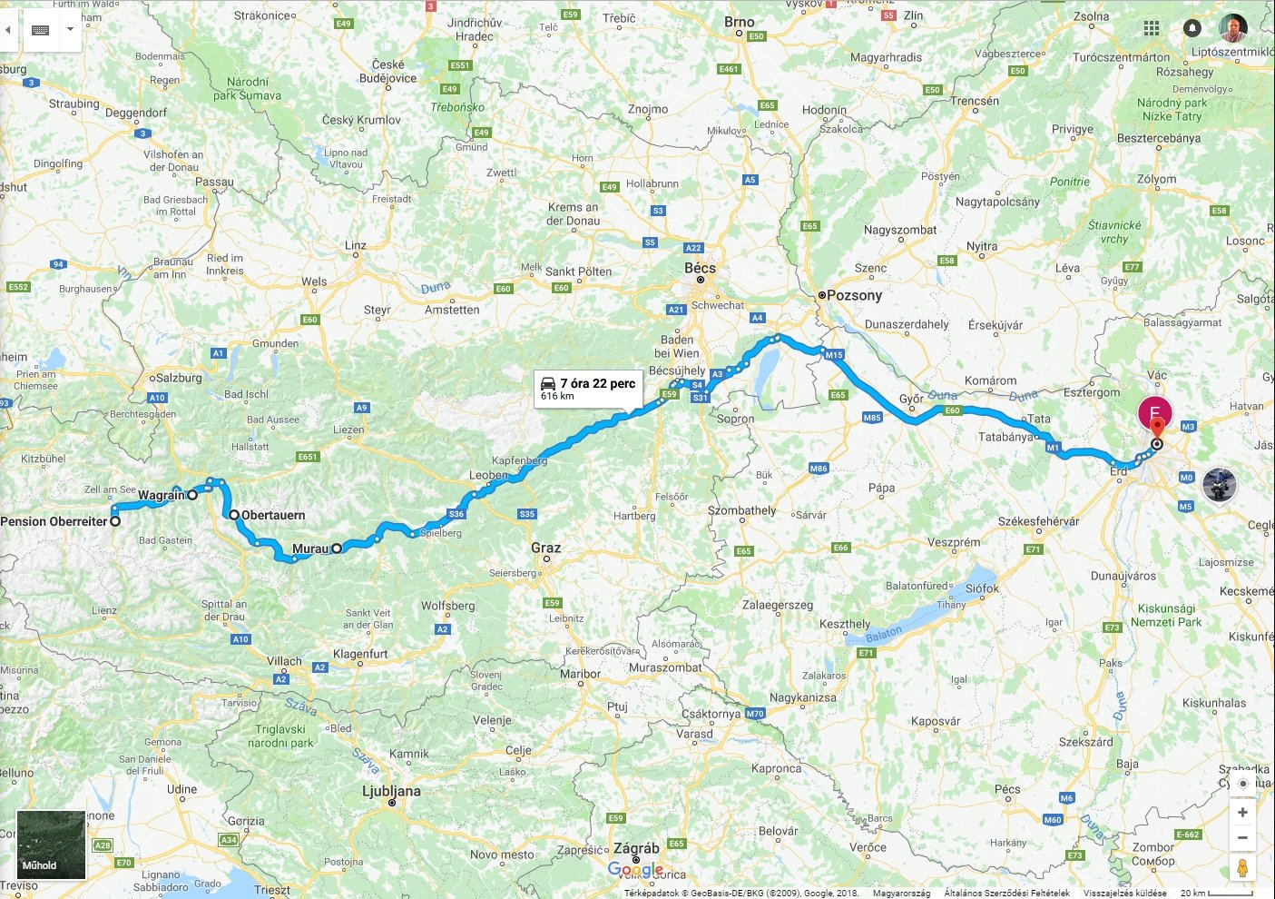 A hazafelé vezető útvonal a Google térképen.